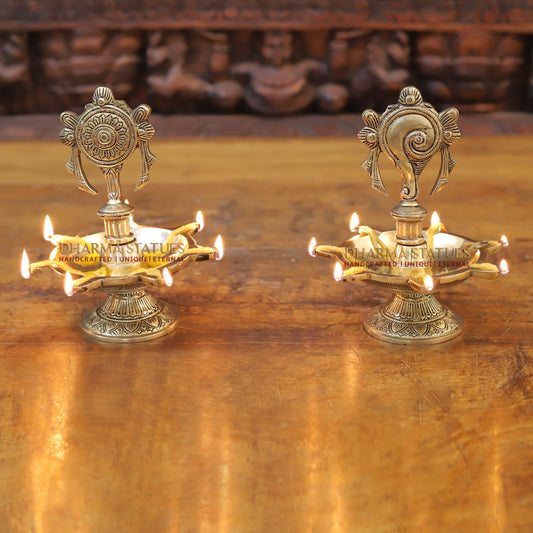 Brass Shankh Diya with 5 wicks, Golden Finish, 7"