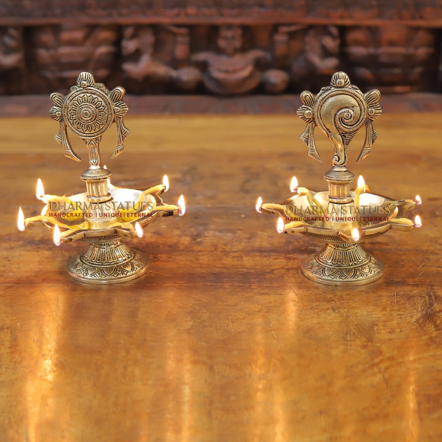 Brass Shankh Diya with 5 wicks, Golden Finish, 7"