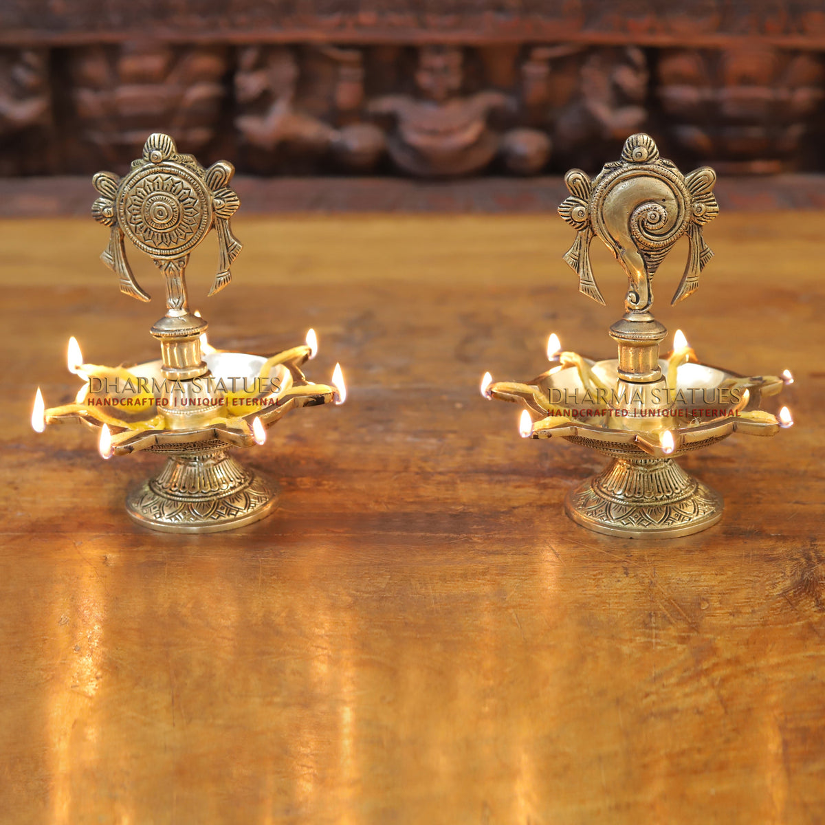 Brass Shankh Diya with 5 wicks, Golden Finish, 7"