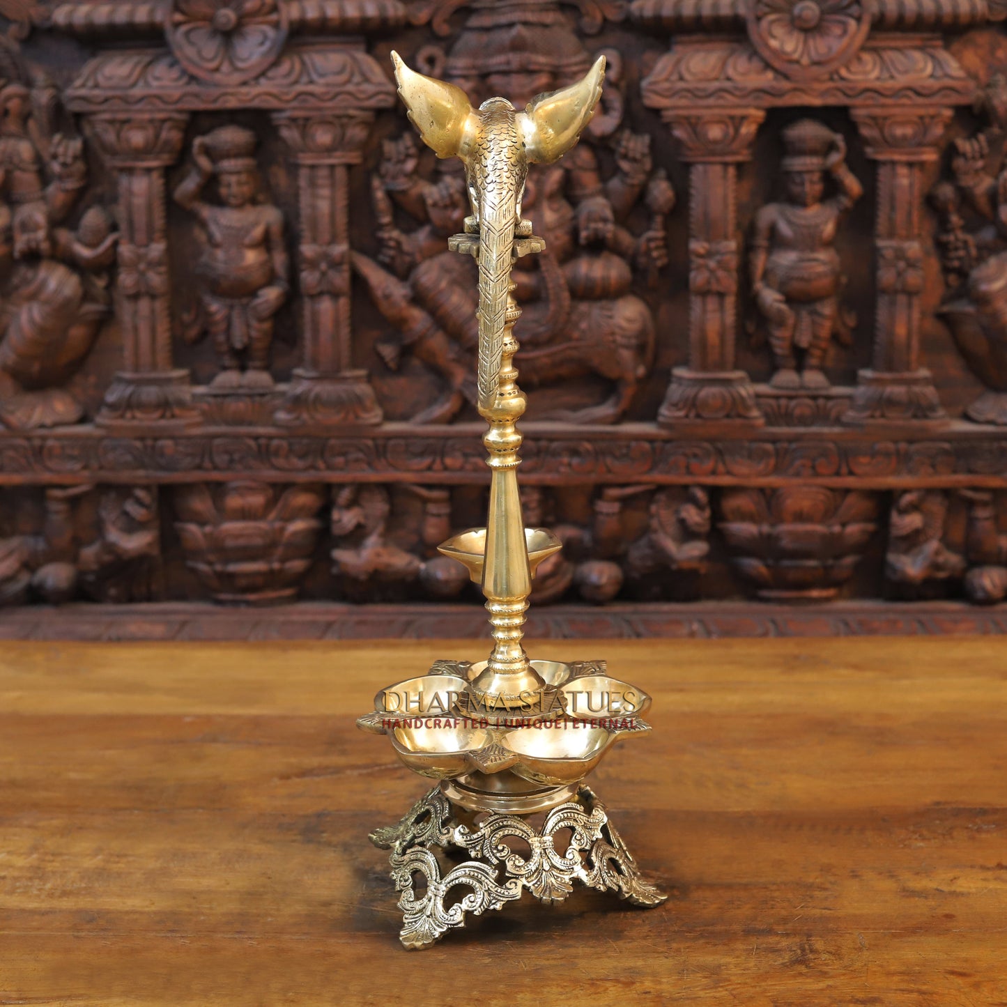 Brass Parrot Holding Deepak with Oil Wick Diya, Fine Gold Finish, 20.5"