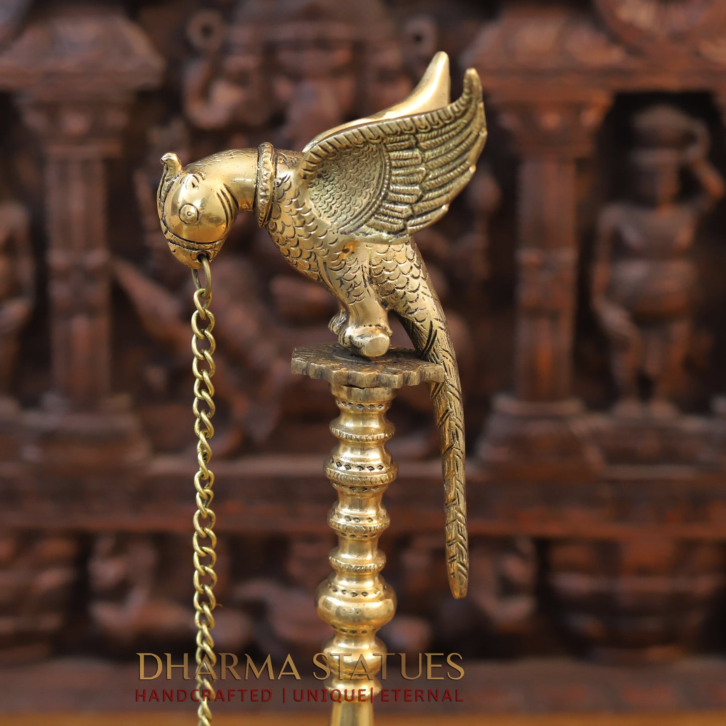 Brass Parrot Holding Deepak with Oil Wick Diya, Fine Gold Finish, 20.5"
