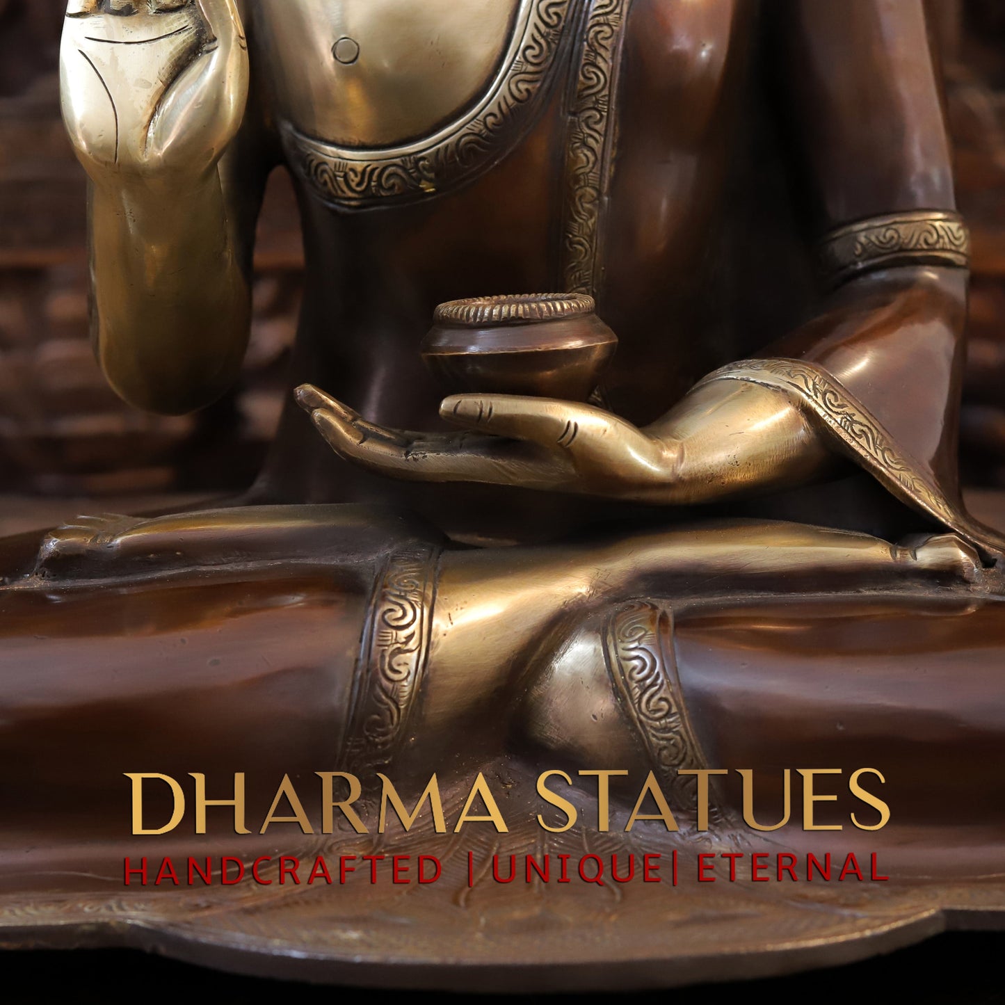 Brass Buddha seated in Varada Mudra, Copper & Golden Finish, 19"