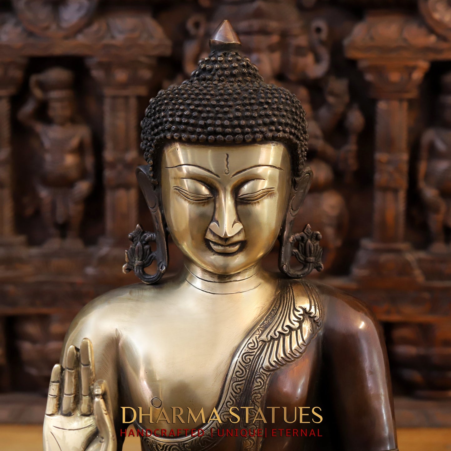 Brass Buddha seated in Varada Mudra, Copper & Golden Finish, 19"