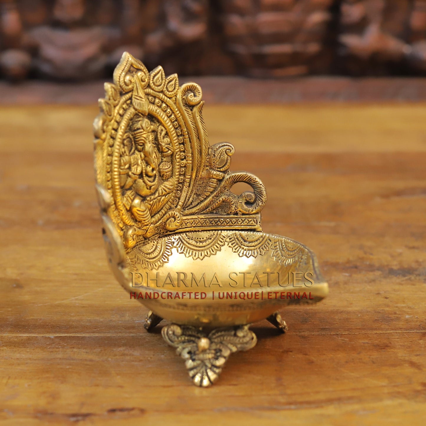 Brass Lakshmi and Ganesh Diya, Fine Golden Finish 7"