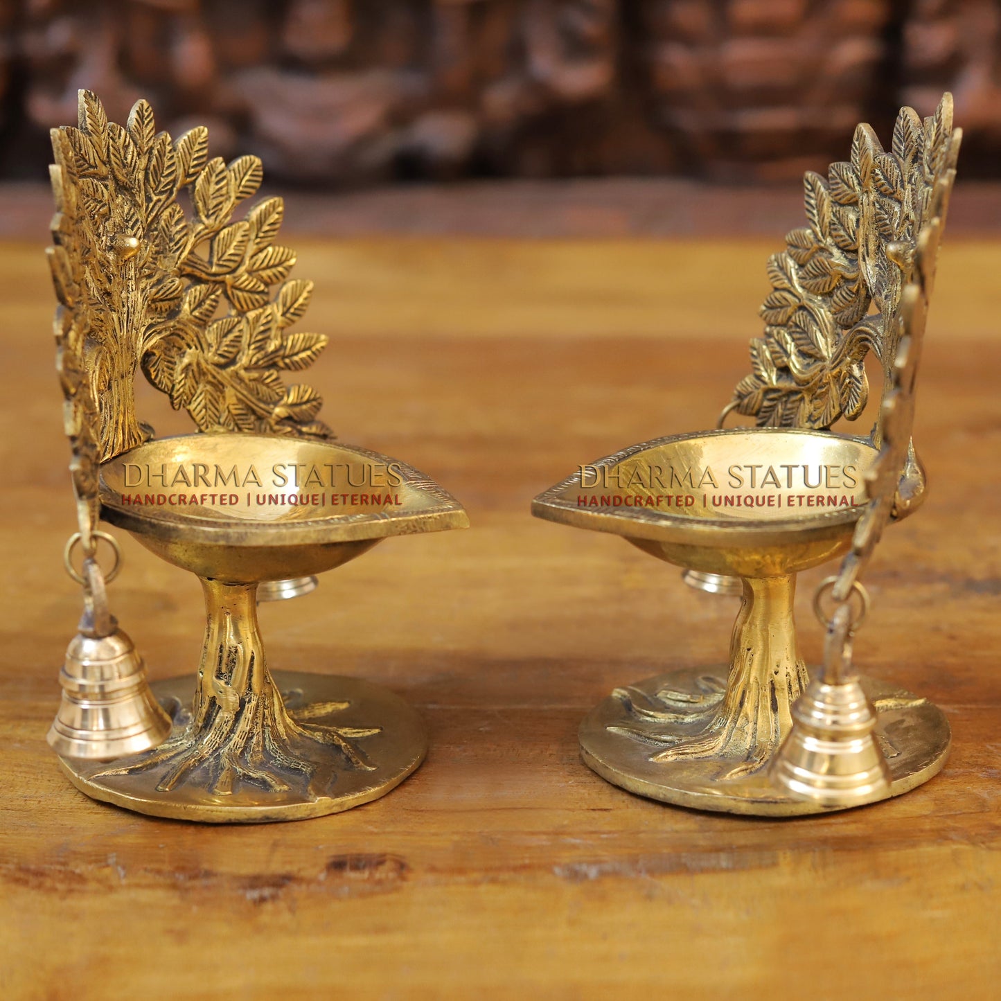 Brass Tree Diya, With Bells, Fine Golden Finish 7.5"