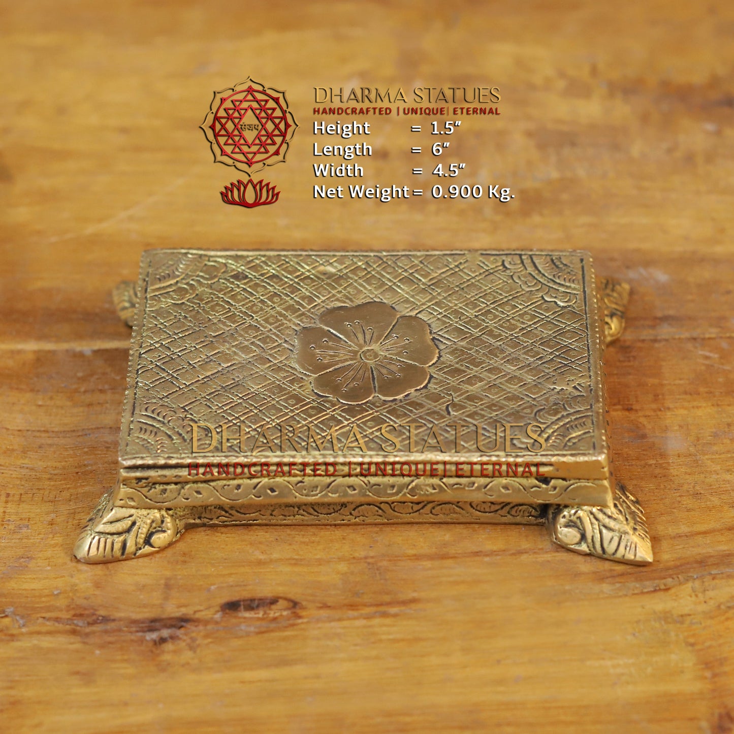 Brass Pooja Chowki, Lotus Engraved, Fine Golden Finish 1.5"
