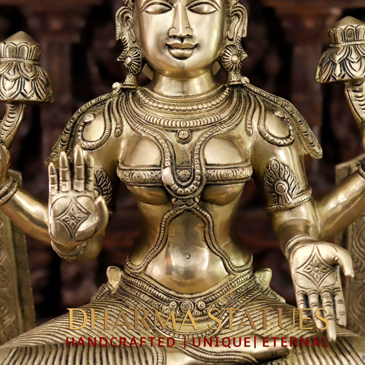 Brass Lakshmi seated with Frame, Golden Finish, 33"