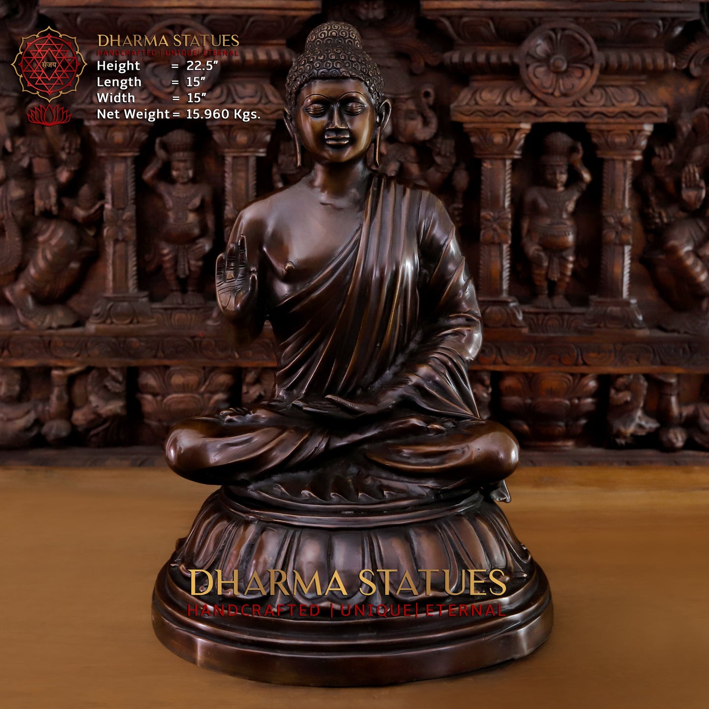 Brass Buddha seated in Blessing Posture, Copper Finish, 22.5"