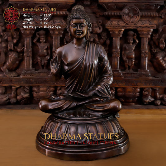 Brass Buddha seated in Blessing Posture, Copper Finish, 22.5"