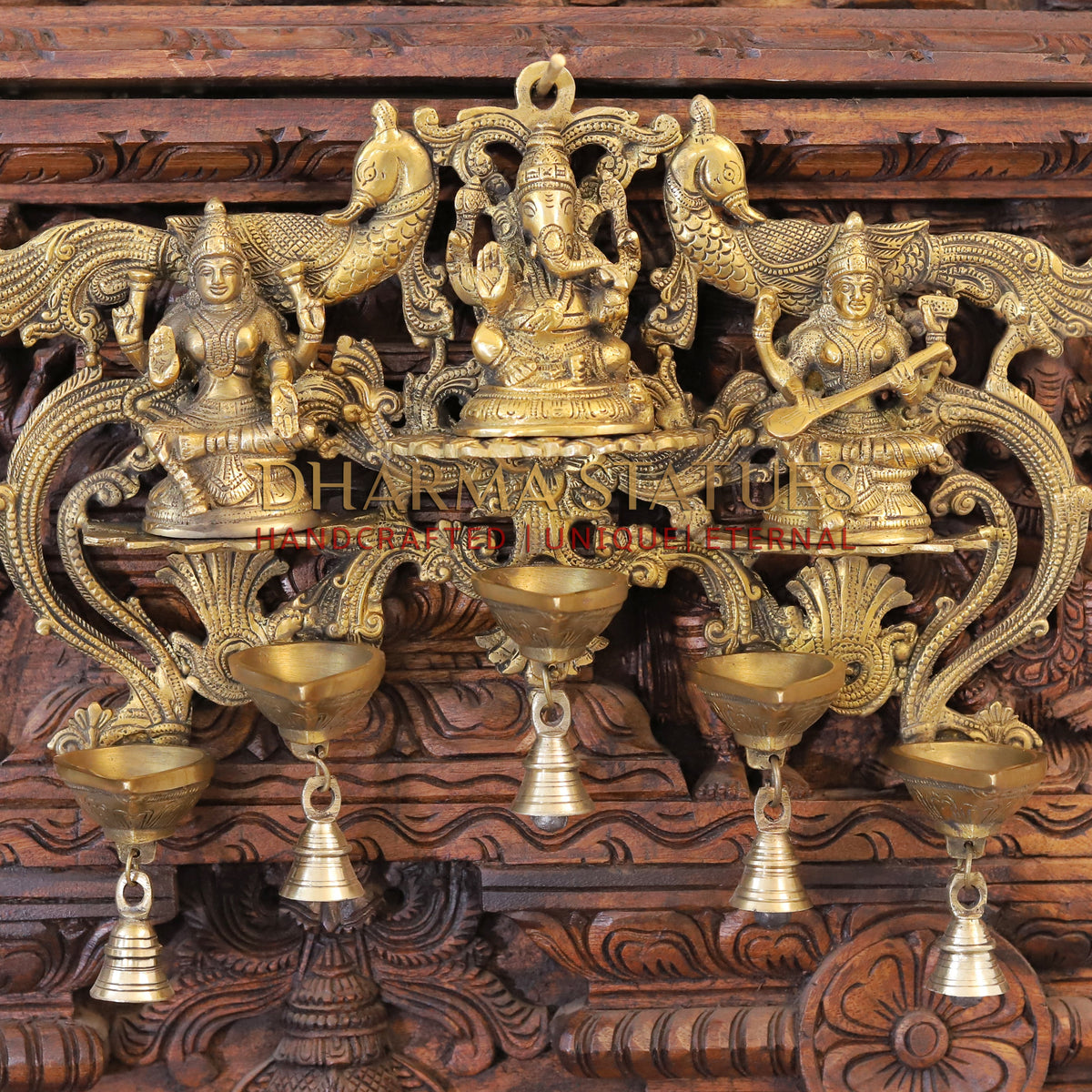 Brass Lakshmi, ganesh, saraswati Wall Hanging, fine Golden Finish 14"