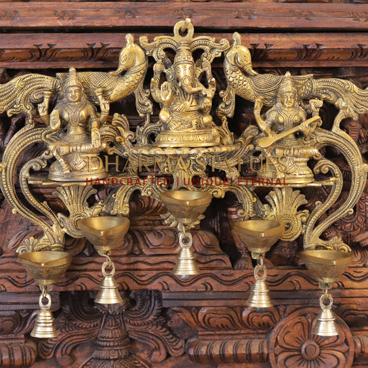 Brass Lakshmi, ganesh, saraswati Wall Hanging, fine Golden Finish 14"
