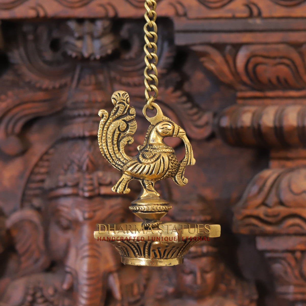 Brass Peacock Hanging Diya, Fine Golden Finish 18"