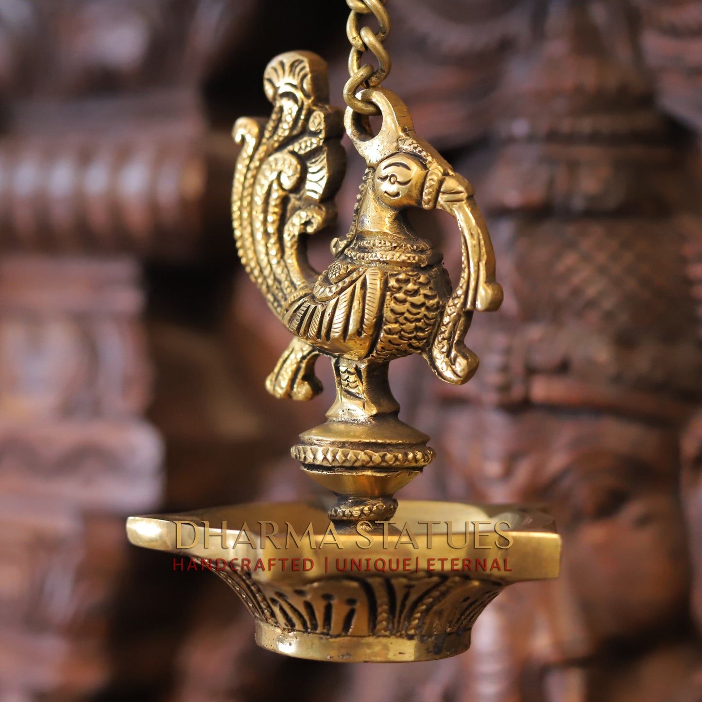 Brass Peacock Hanging Diya, Fine Golden Finish 18"