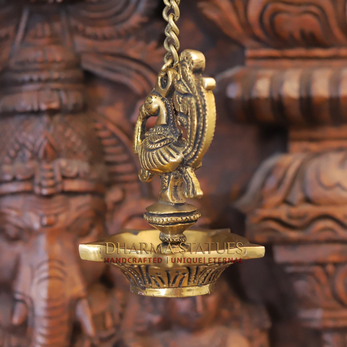 Brass Peacock Hanging Diya, Fine Golden Finish 18"