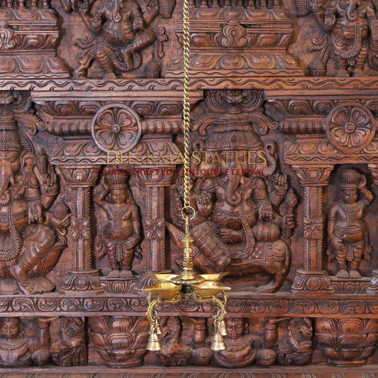 Brass Hanging Diya, with Bells, Fine Golden Finish 29"