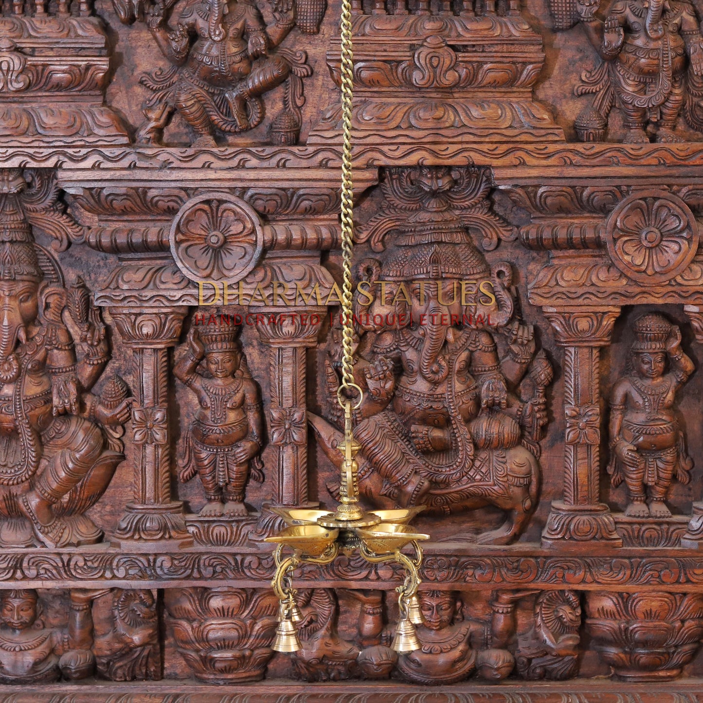 Brass Hanging Diya, with Bells, Fine Golden Finish 29"