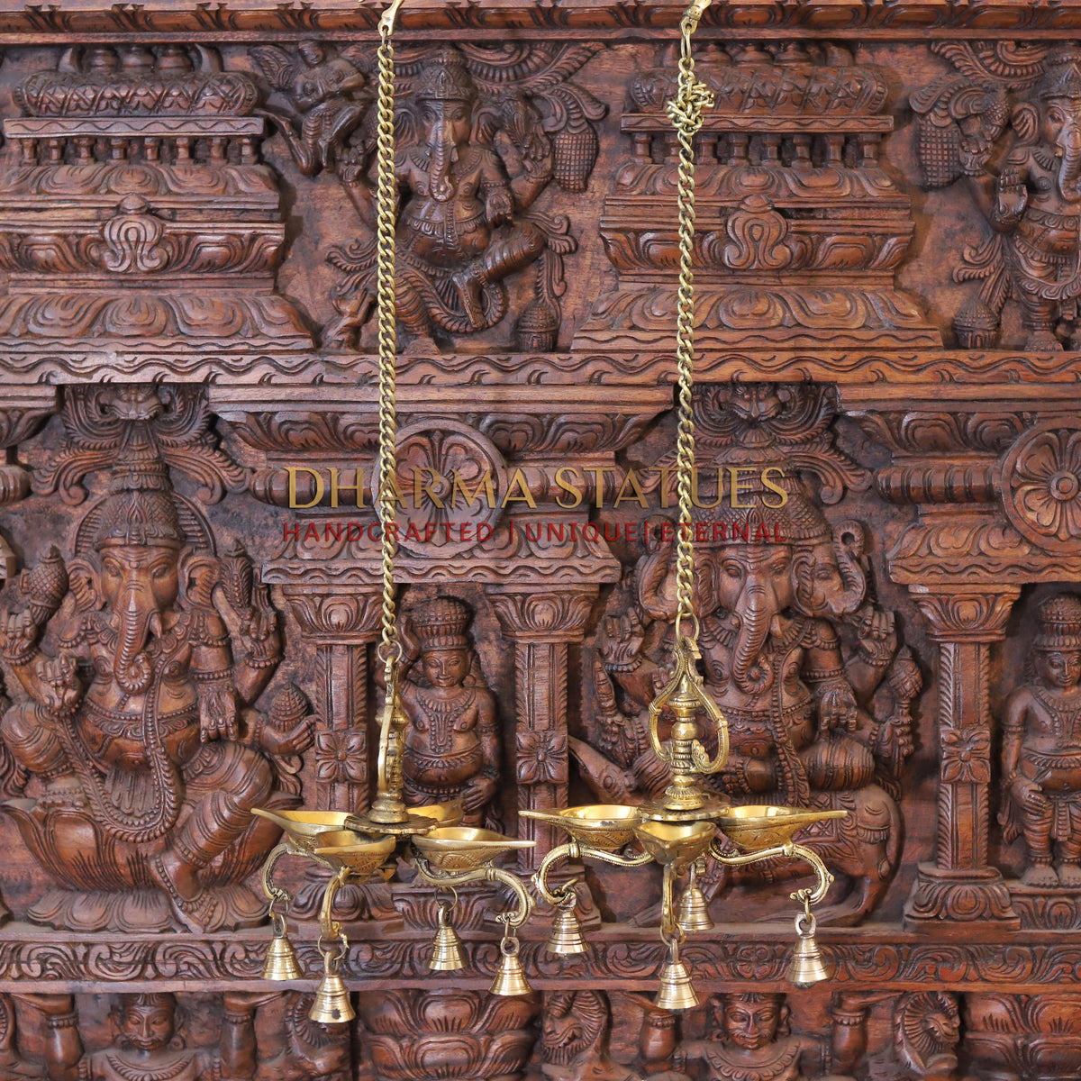 Brass Hanging Diya, with Bells, Fine Golden Finish 29"