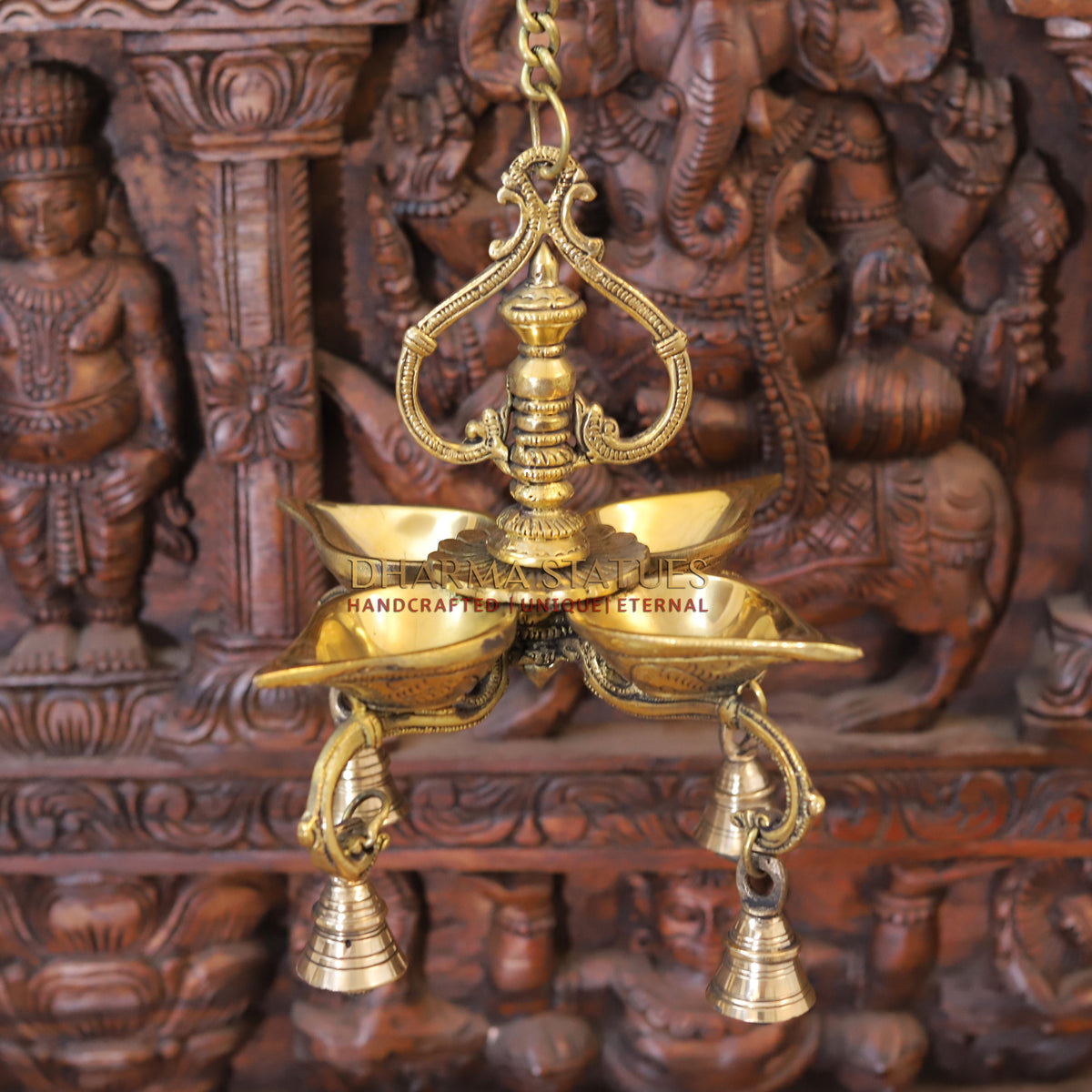 Brass Hanging Diya, with Bells, Fine Golden Finish 29"