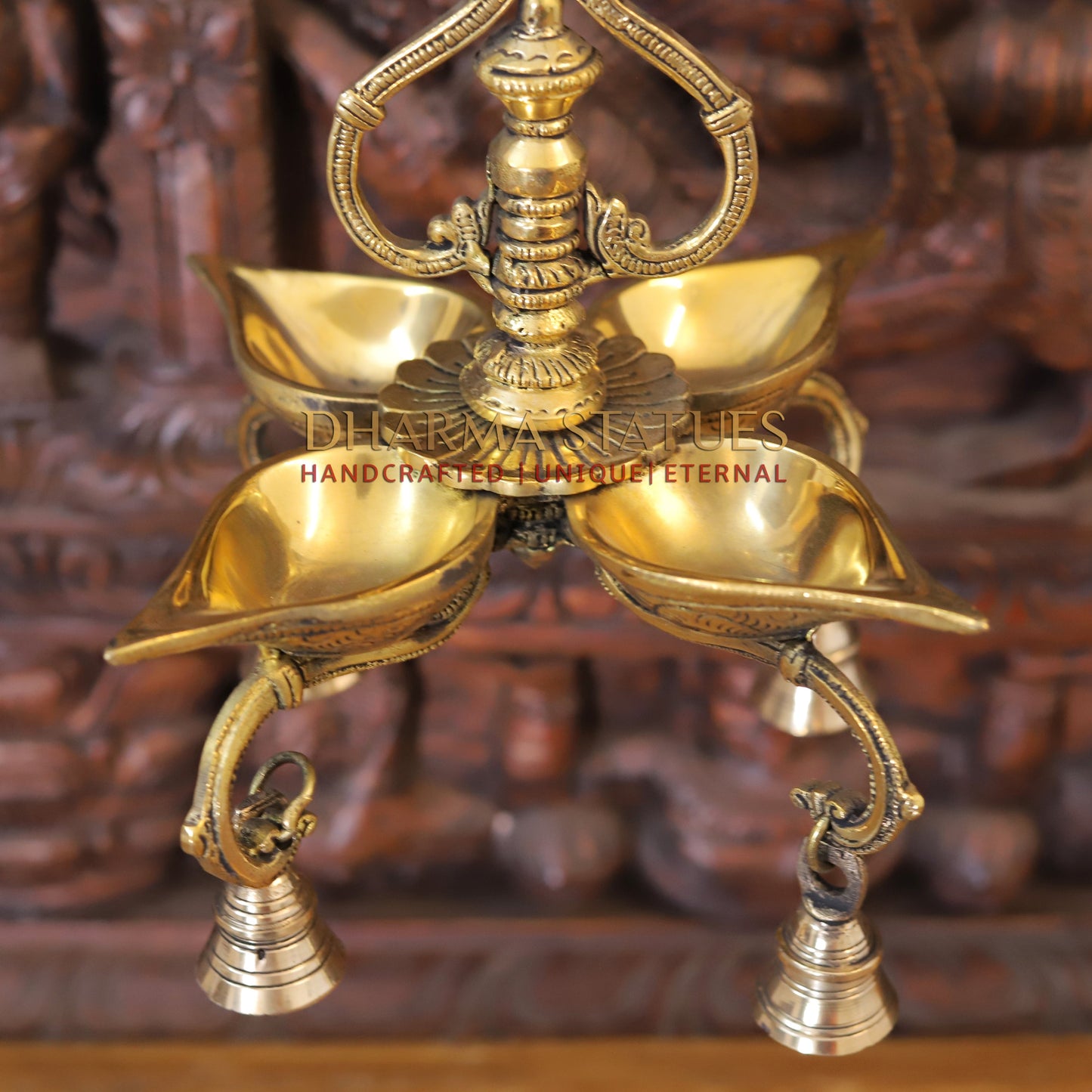 Brass Hanging Diya, with Bells, Fine Golden Finish 29"