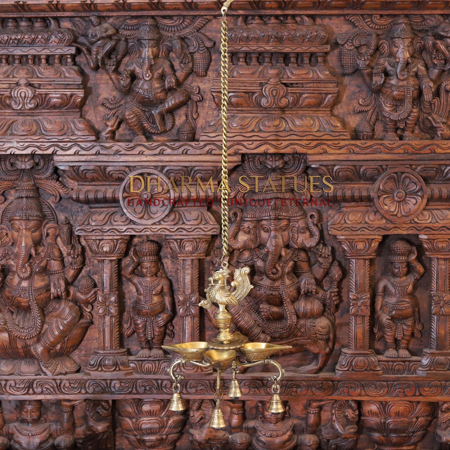 Brass Peacock Diya, with Bells, Fine Golden Finish 29"