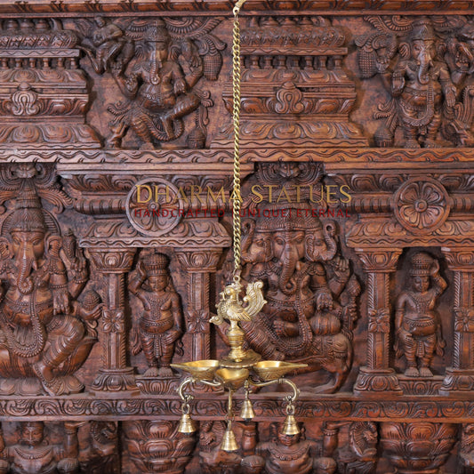 Brass Peacock Diya, with Bells, Fine Golden Finish 29"