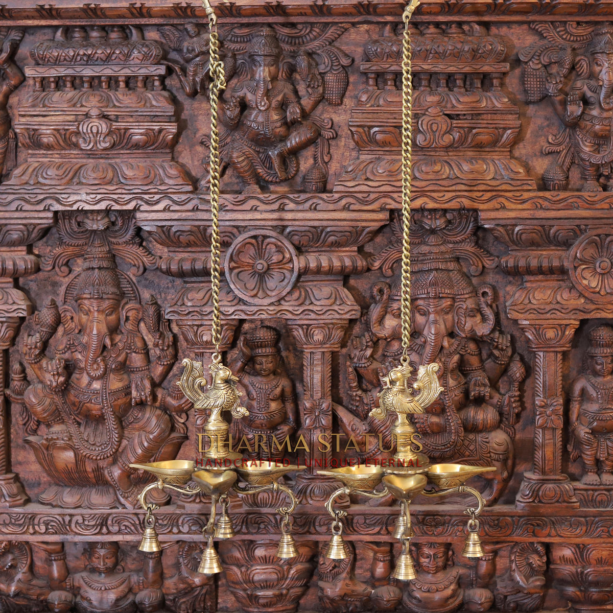 Brass Peacock Diya, with Bells, Fine Golden Finish 29"