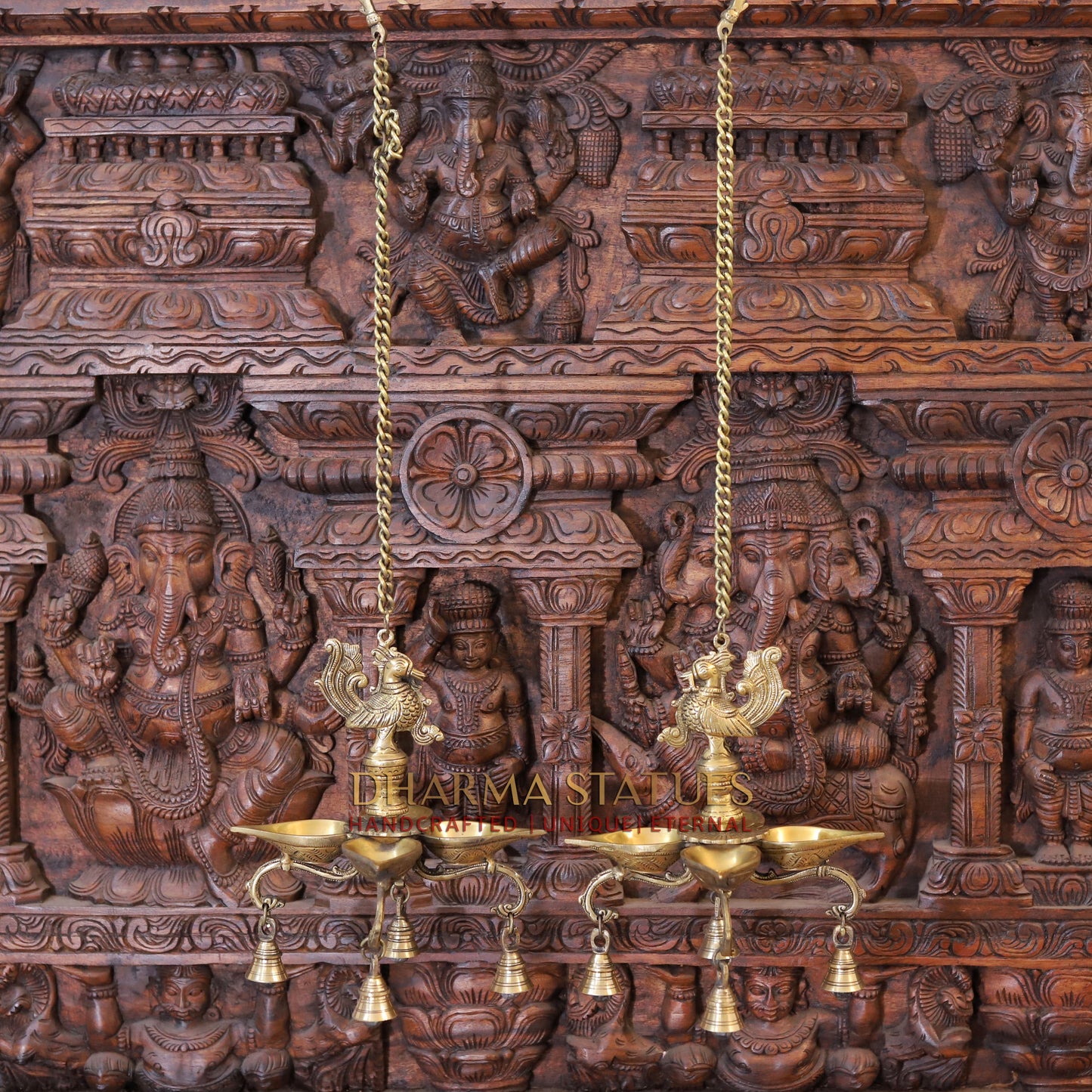 Brass Peacock Diya, with Bells, Fine Golden Finish 29"