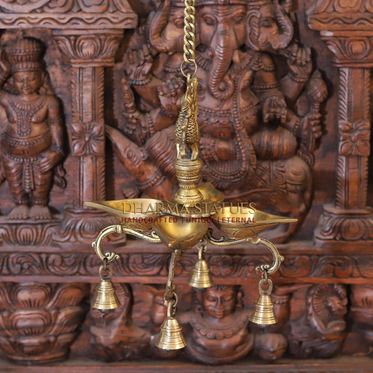 Brass Peacock Diya, with Bells, Fine Golden Finish 29"