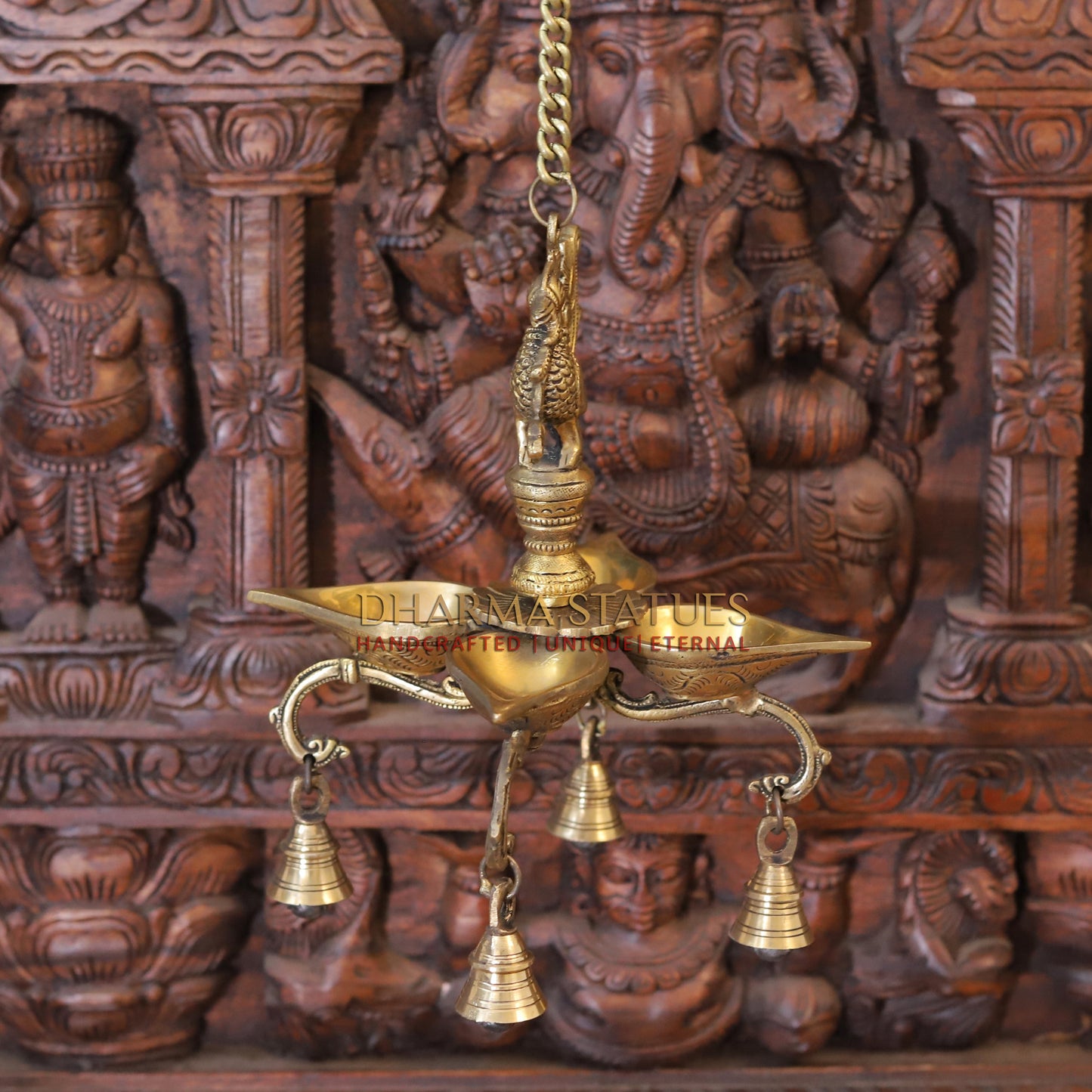 Brass Peacock Diya, with Bells, Fine Golden Finish 29"