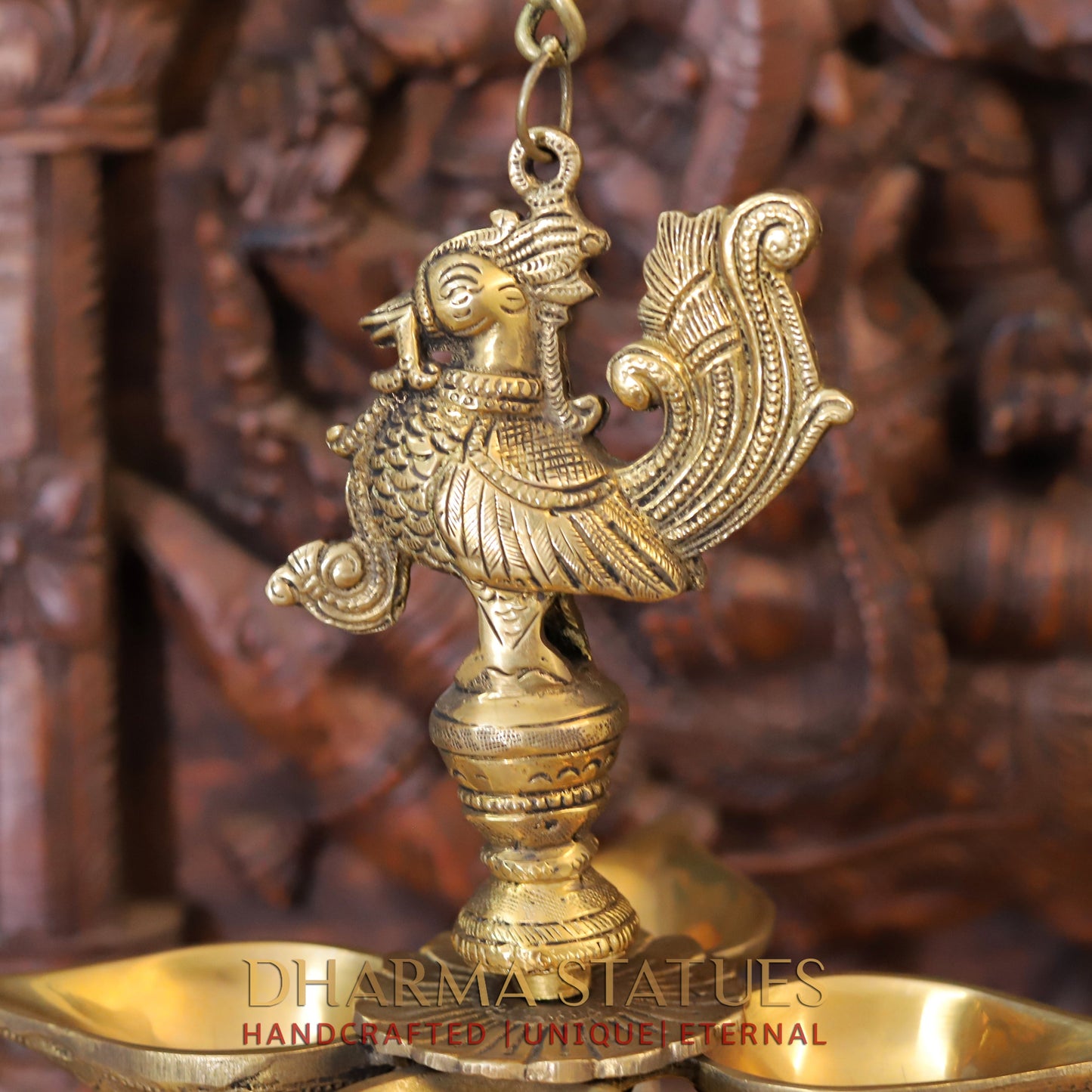 Brass Peacock Diya, with Bells, Fine Golden Finish 29"