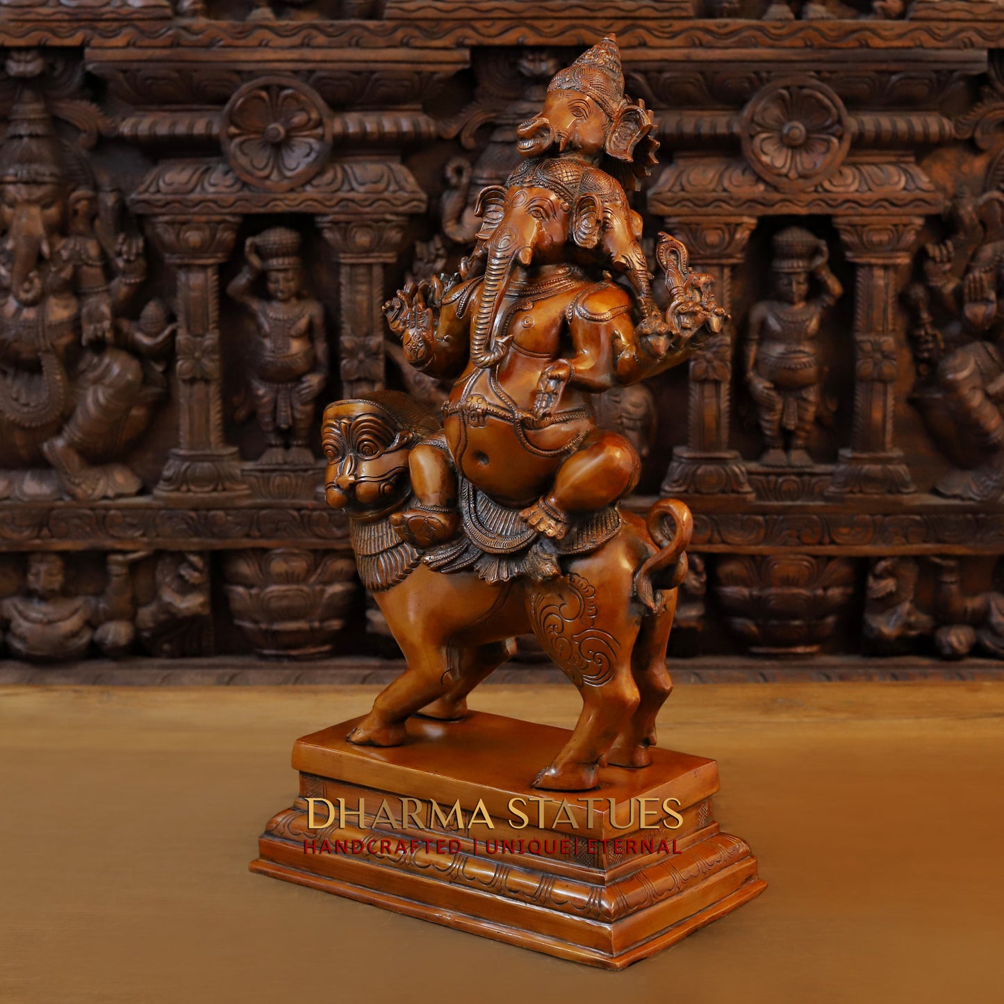 Brass Pushkala Panchmukhi Vinayaka (5 Face Ganesh) Seated on a Lion, Cherry & Copper Blended Finish, 24"