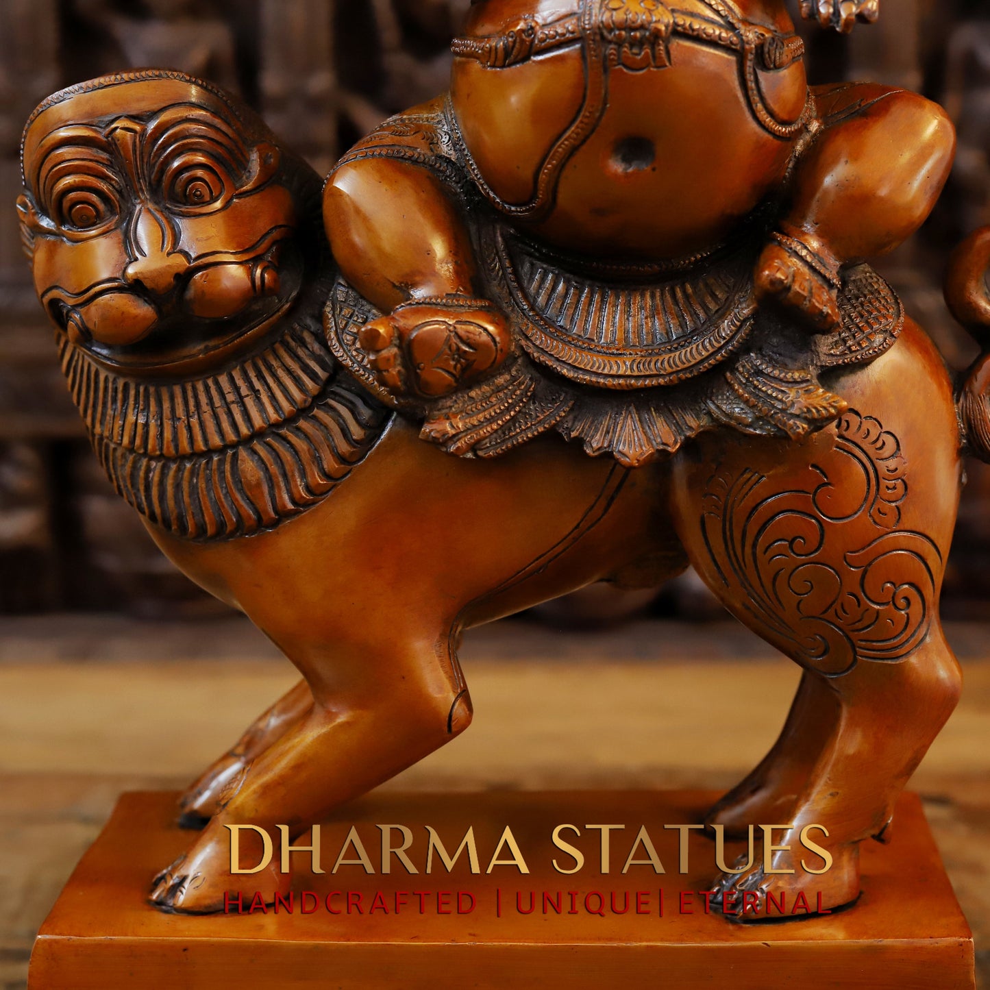 Brass Pushkala Panchmukhi Vinayaka (5 Face Ganesh) Seated on a Lion, Cherry & Copper Blended Finish, 24"
