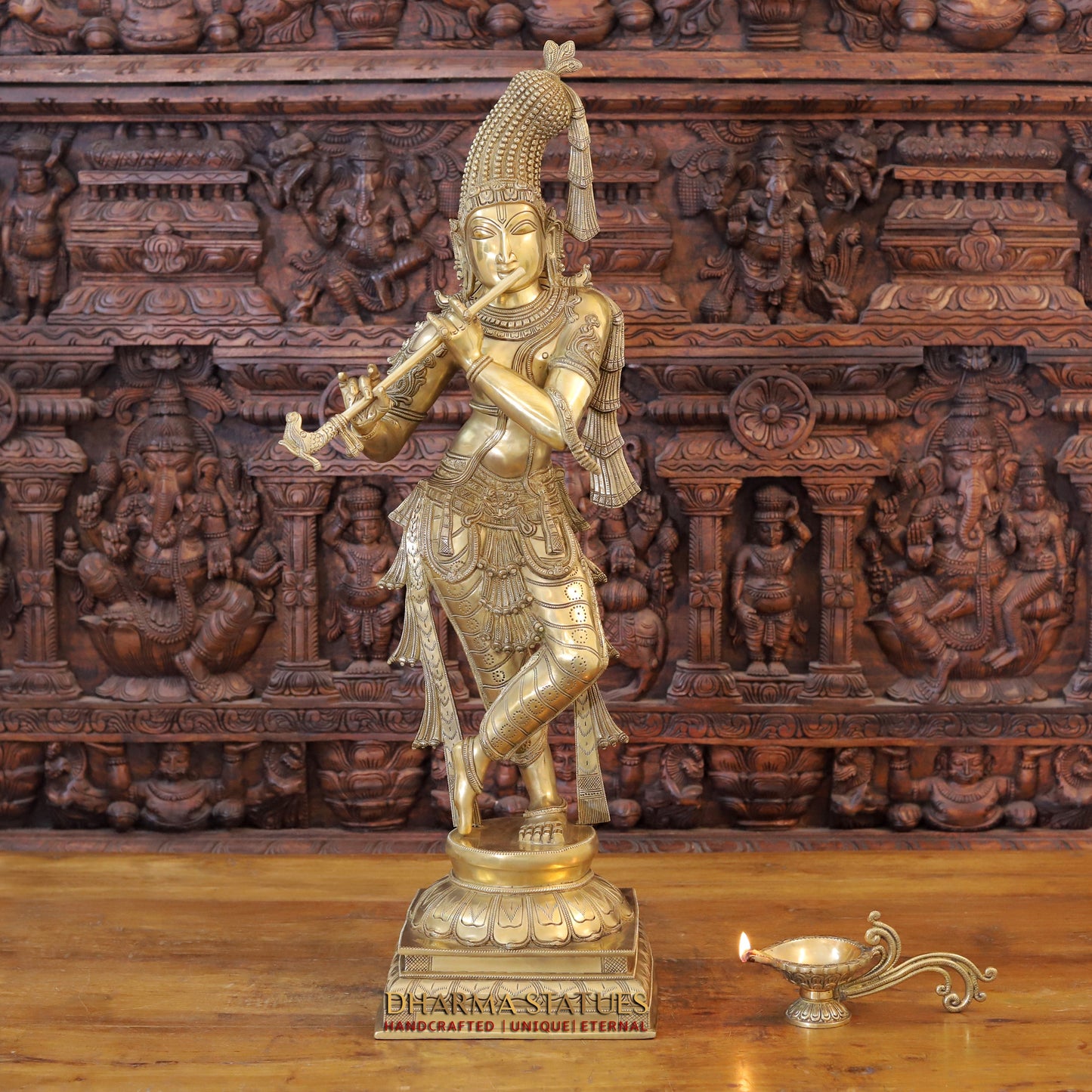 Brass Krishna Playing Flute on Pedestal, Fine Golden Finish, 35.5"