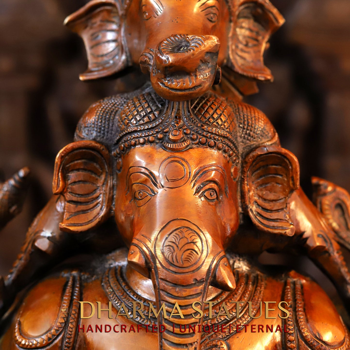 Brass Pushkala Panchmukhi Vinayaka (5 Face Ganesh) Seated on a Lion, Cherry & Copper Blended Finish, 24"