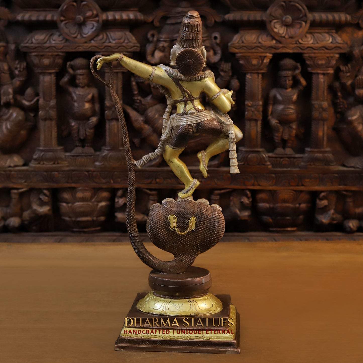 Brass Krishna Dancing on Sheshnag, Copper & Golden Finish, 21"