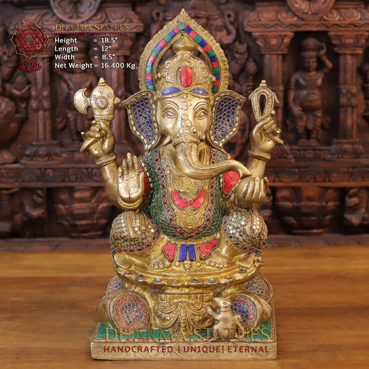 Brass Ganesh seated in Blessing Posture, Golden & Stonework, 18.5"