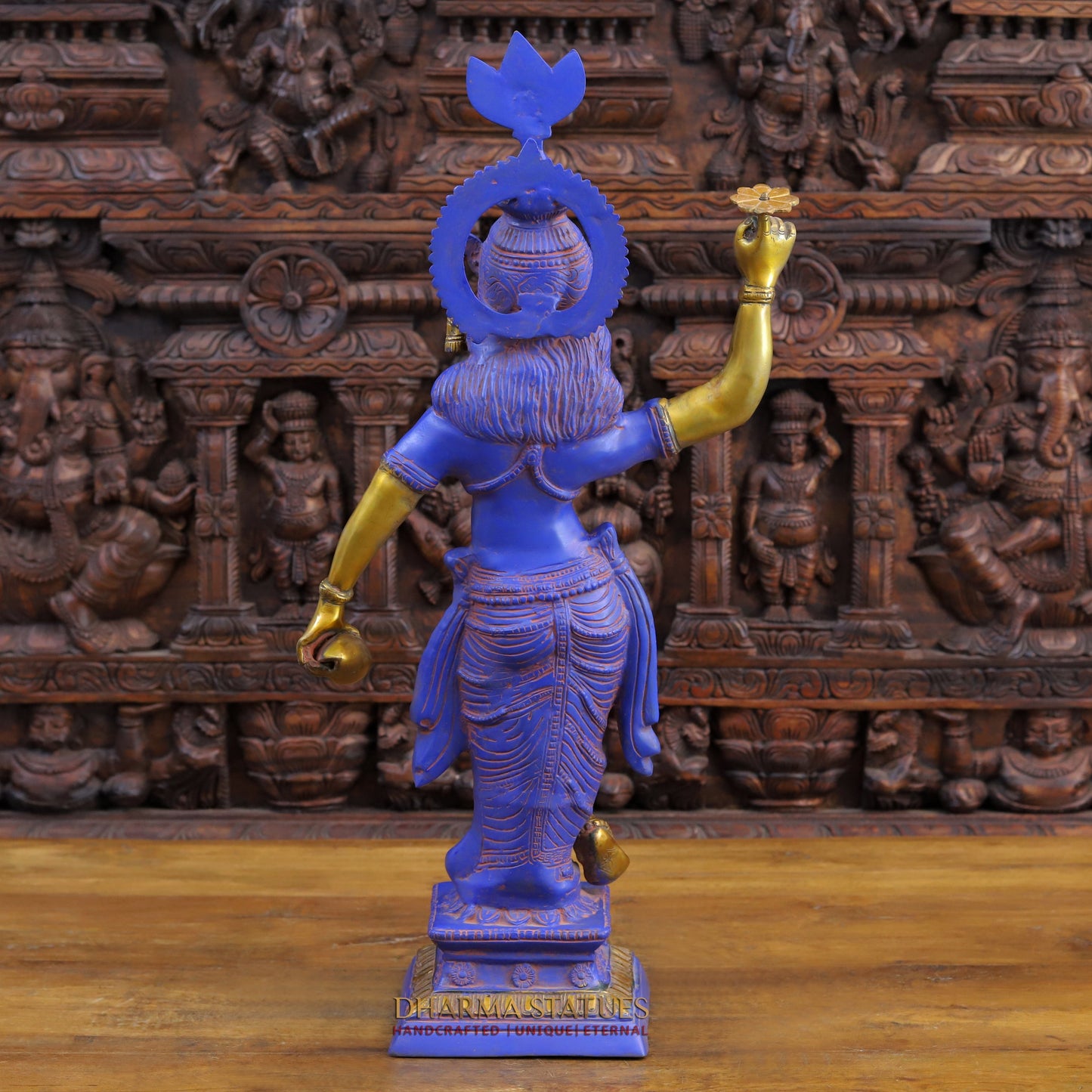 Brass Krishna with Shankha Sudarshan Chakra, Purple Patina & Gold Finish, 28.5"