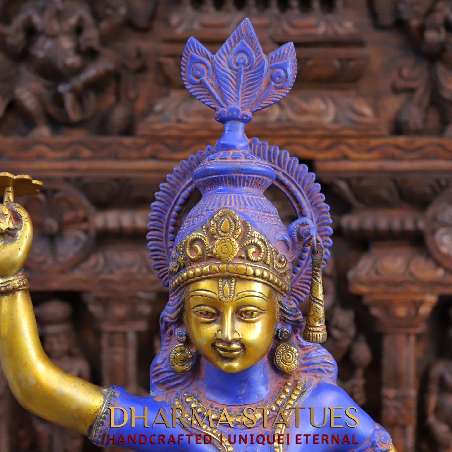 Brass Krishna with Shankha Sudarshan Chakra, Purple Patina & Gold Finish, 28.5"