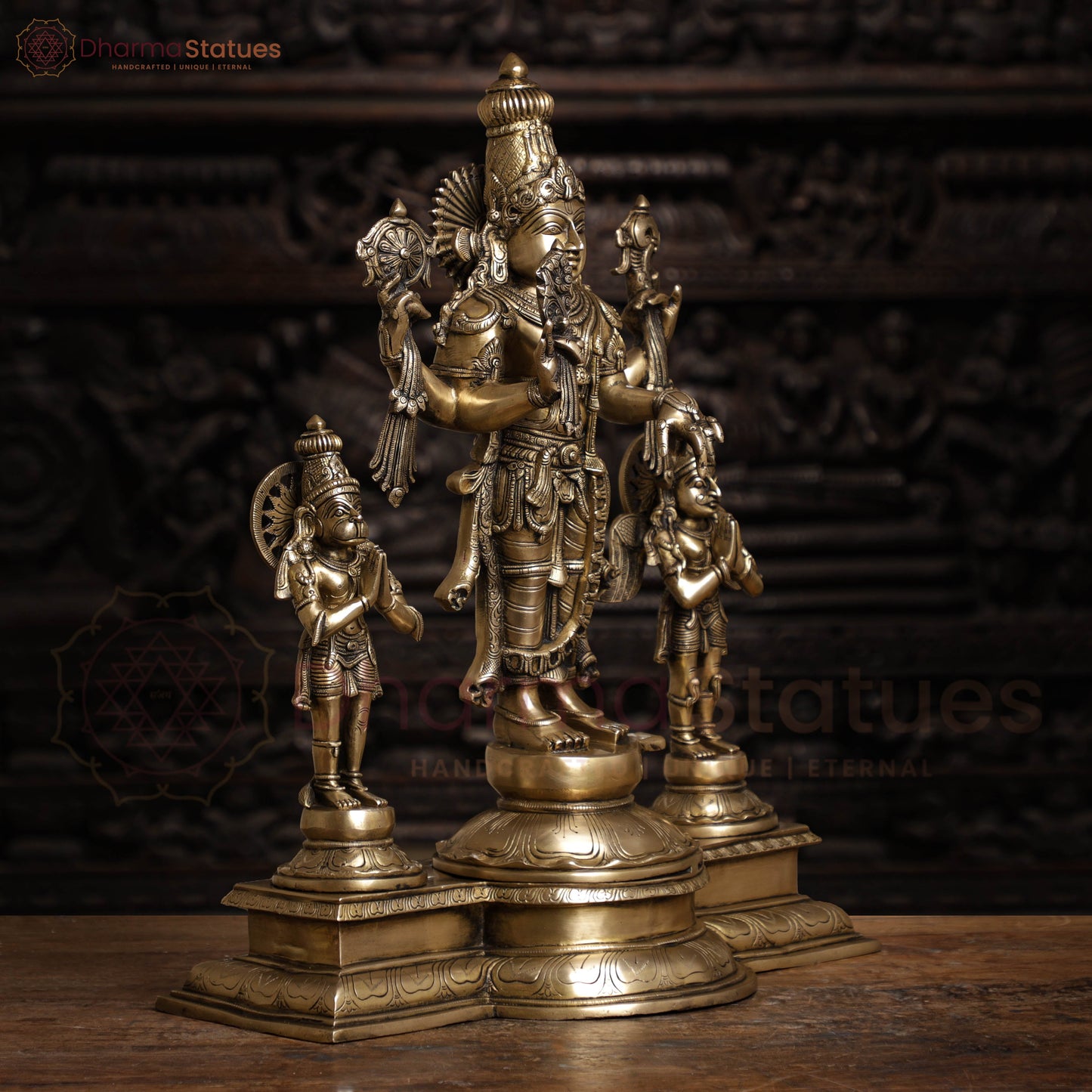 Brass Vishnu Standing With Garuda & Hanuman , Smooth Finish 24.5"