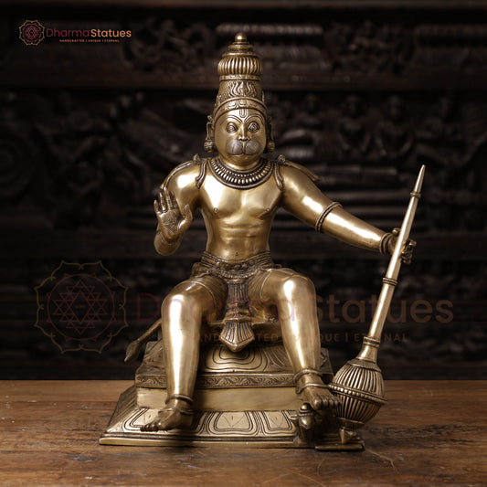 Brass Hanuman, Hanuman ji is Sitting on a Platform. 23" Front View