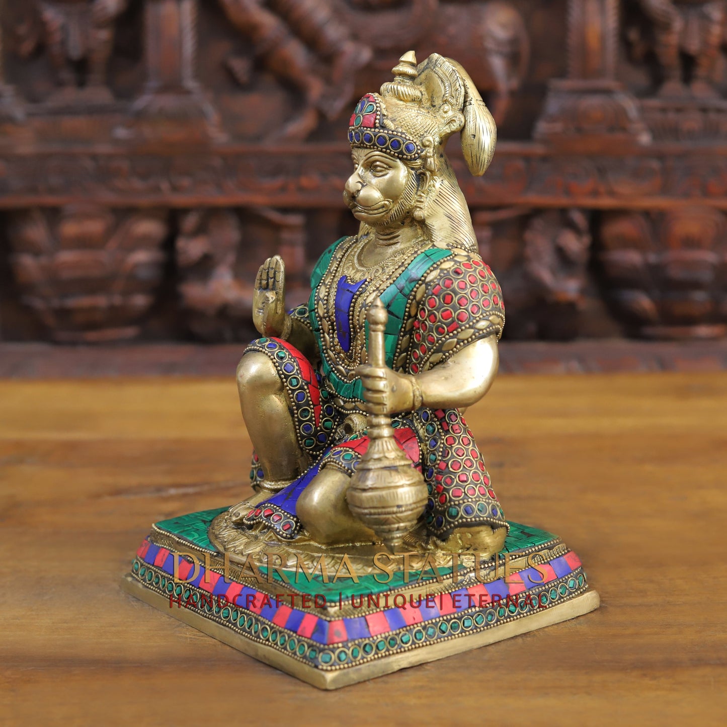 Brass Hanuman Ji in Blessing Posture, Golden & Stonework, 10"