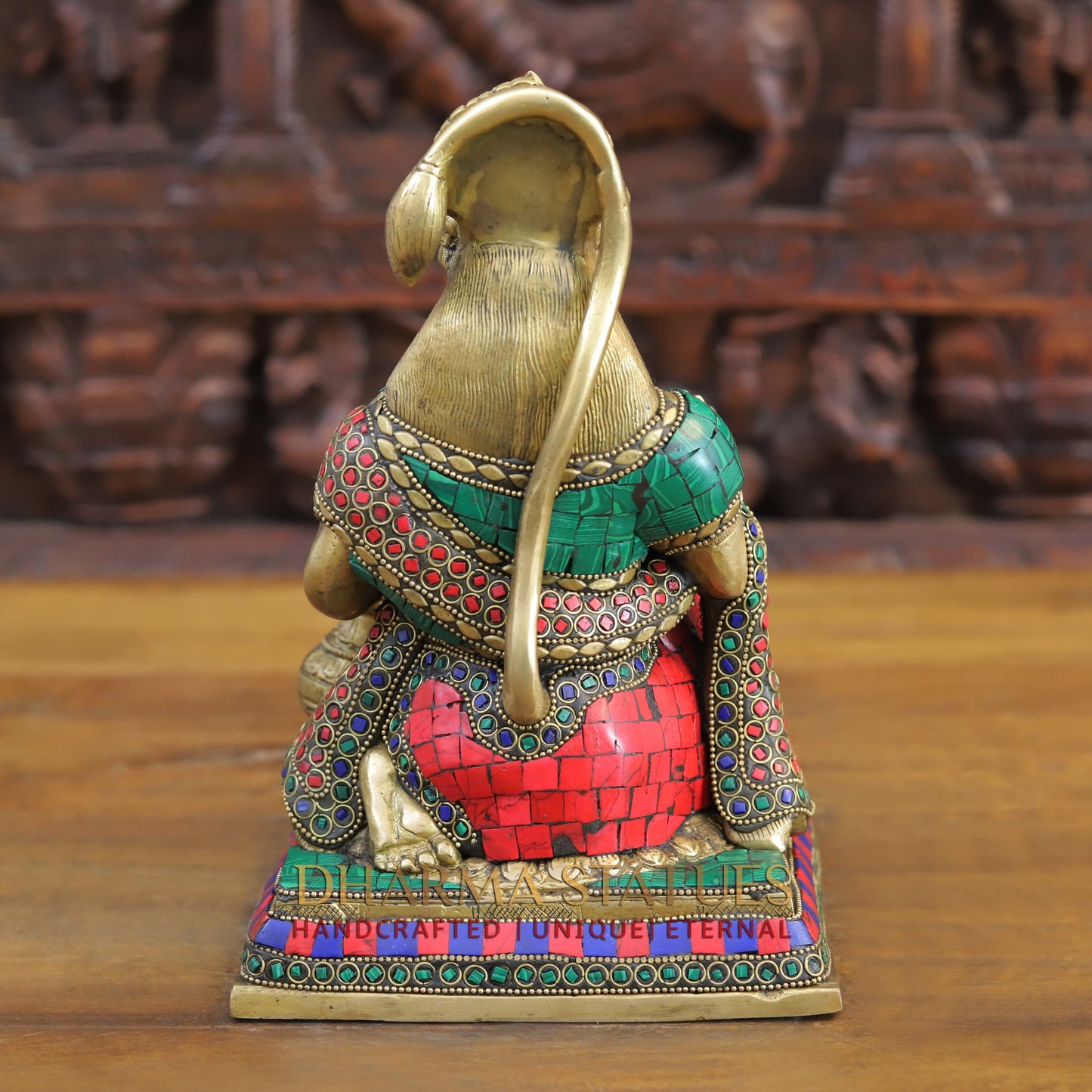 Brass Hanuman Ji in Blessing Posture, Golden & Stonework, 10"