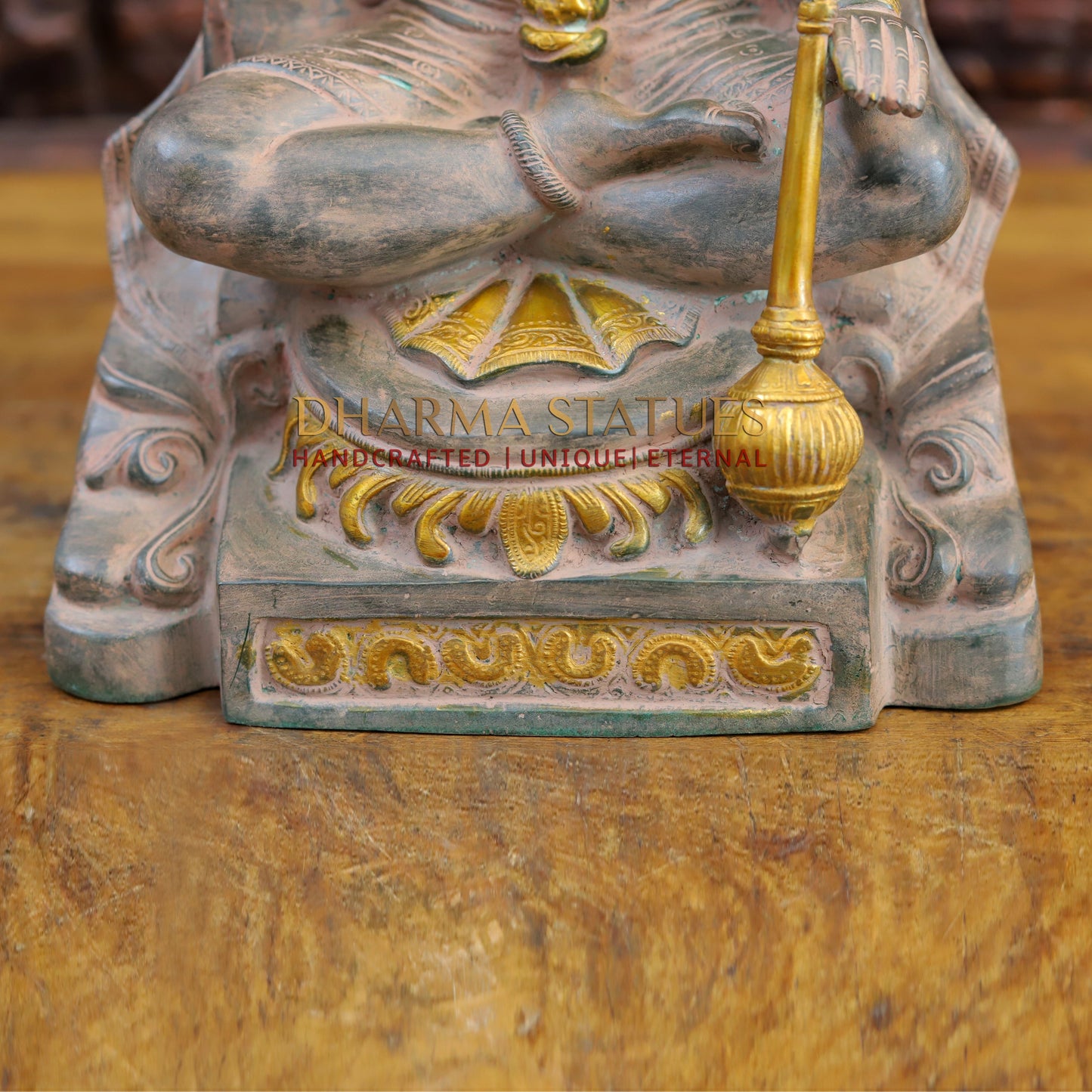 Brass Hanuman Ji seated in Blessing Posture, Light Brown Patina & Golden Finish, 17.5"