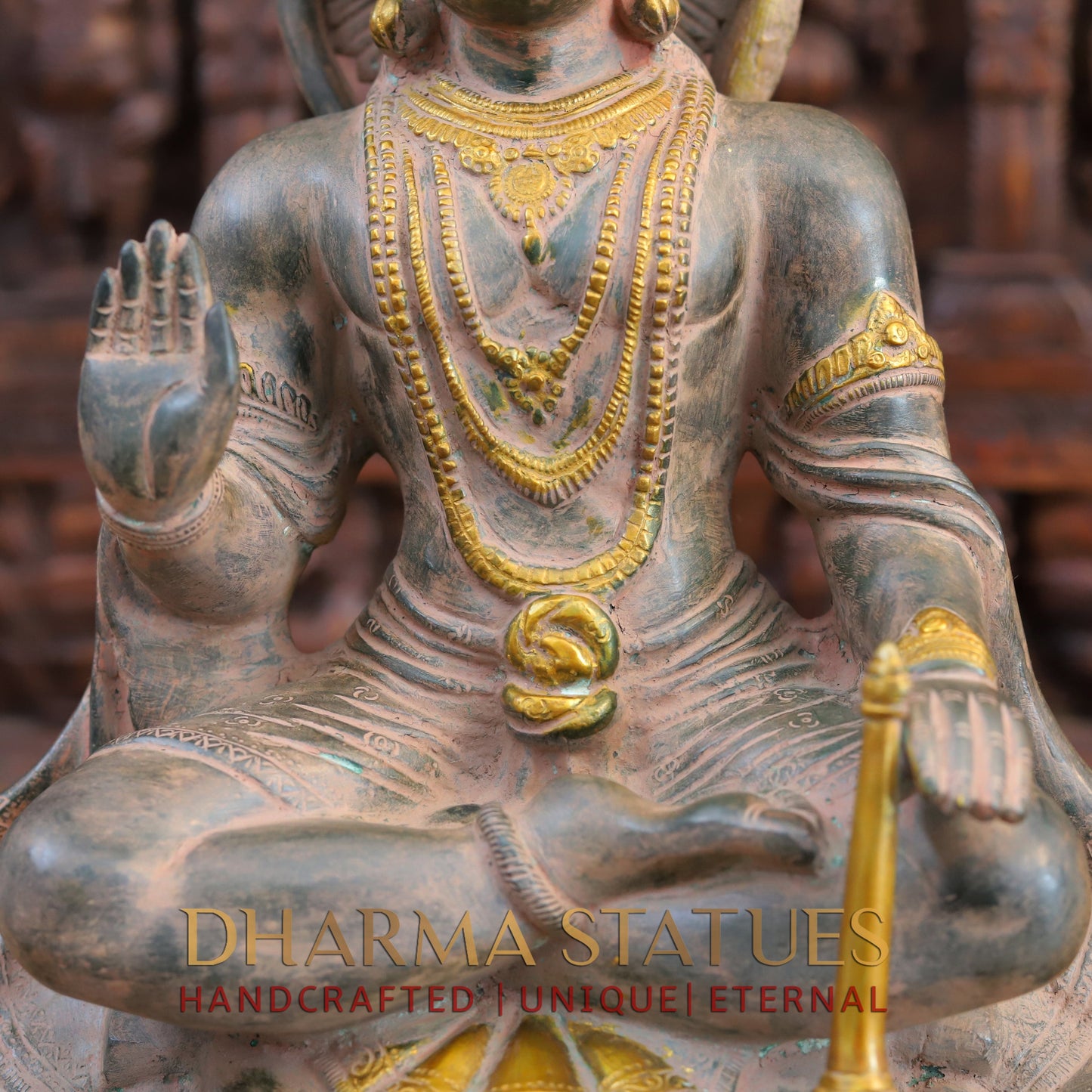 Brass Hanuman Ji seated in Blessing Posture, Light Brown Patina & Golden Finish, 17.5"
