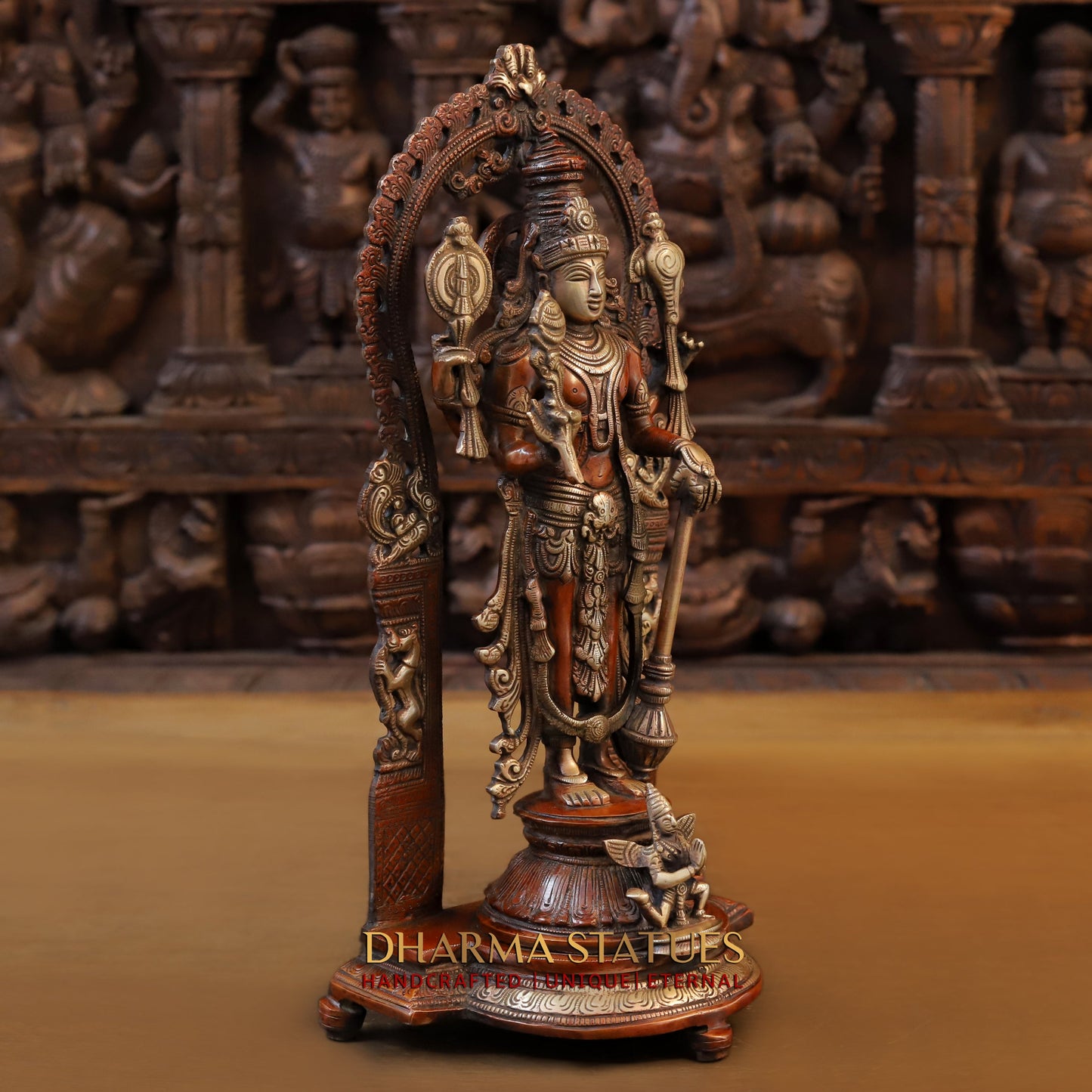 Brass Tirupati Balaji with Garuda at the Pedestal, Copper & Golden Finish, 16"