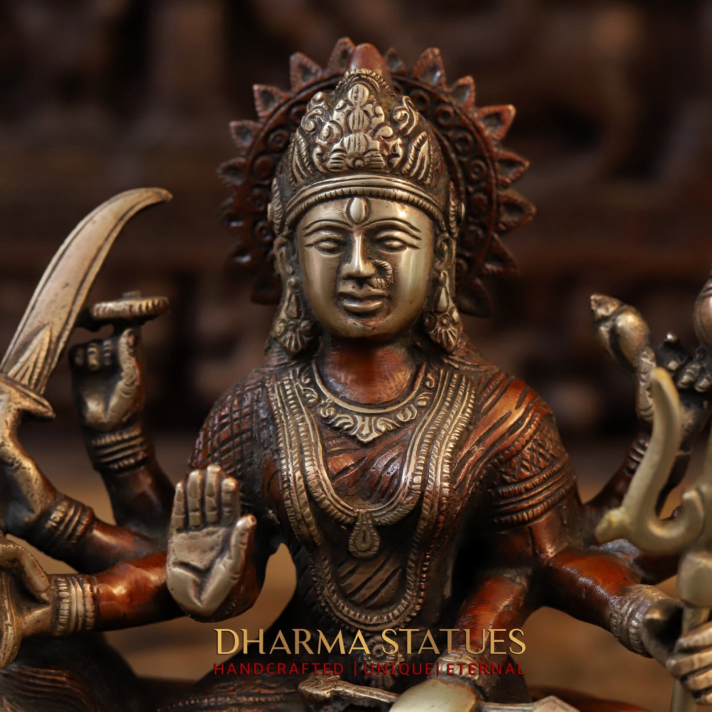 Brass Durga Idol, Sitting on a Mighty Lion, Copper & Golden Finish, 10"
