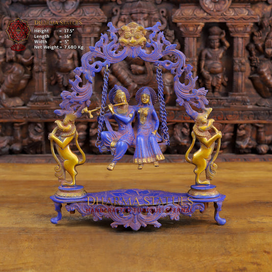 Brass Radha Krishna on Swing, Purple Patina & Gold Finish, 17.5"