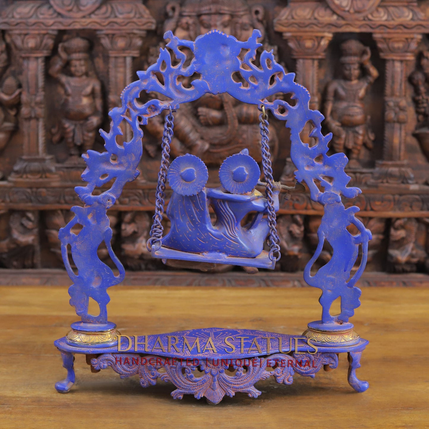 Brass Radha Krishna on Swing, Purple Patina & Gold Finish, 17.5"