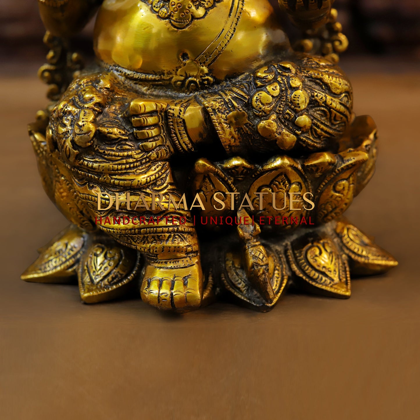 Brass Ganesh seated on Lotus in Blessing Posture, Fine Golden Finish, 12"