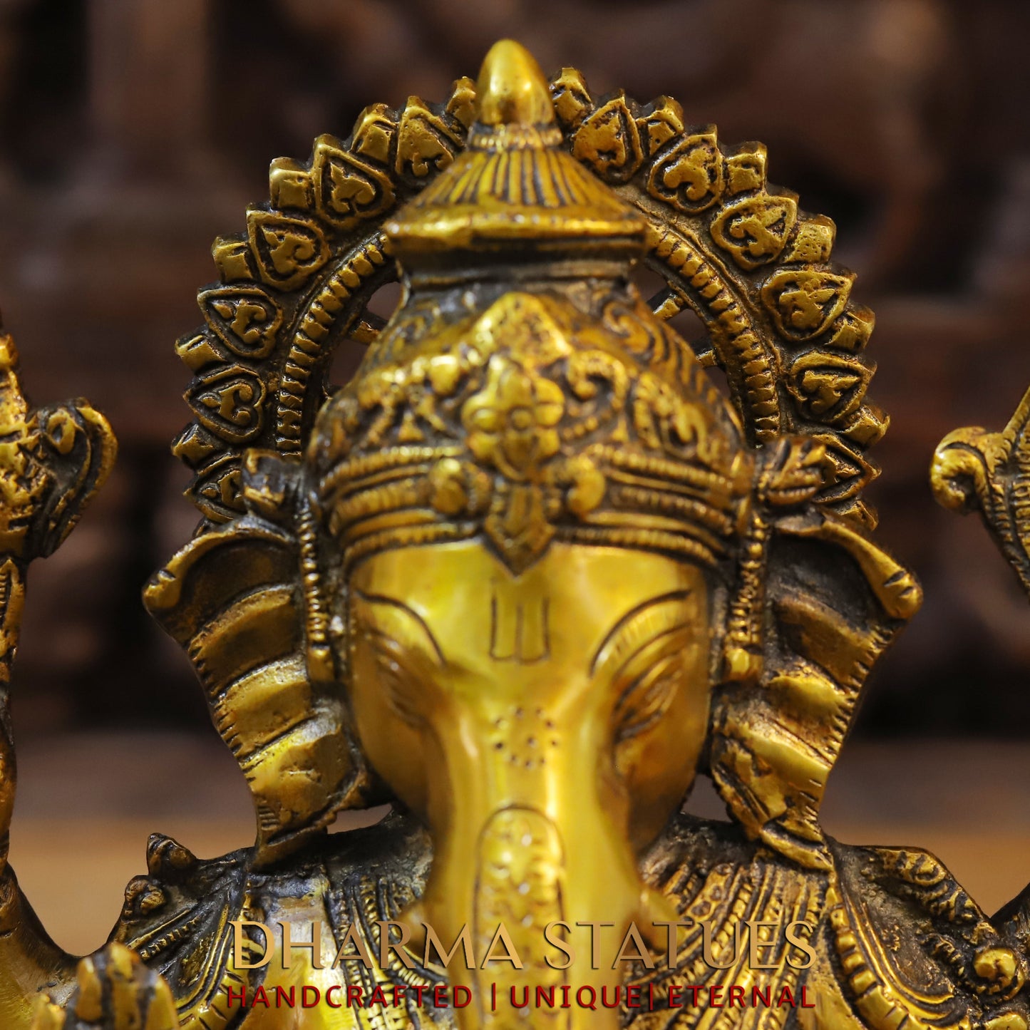 Brass Ganesh seated on Lotus in Blessing Posture, Fine Golden Finish, 12"